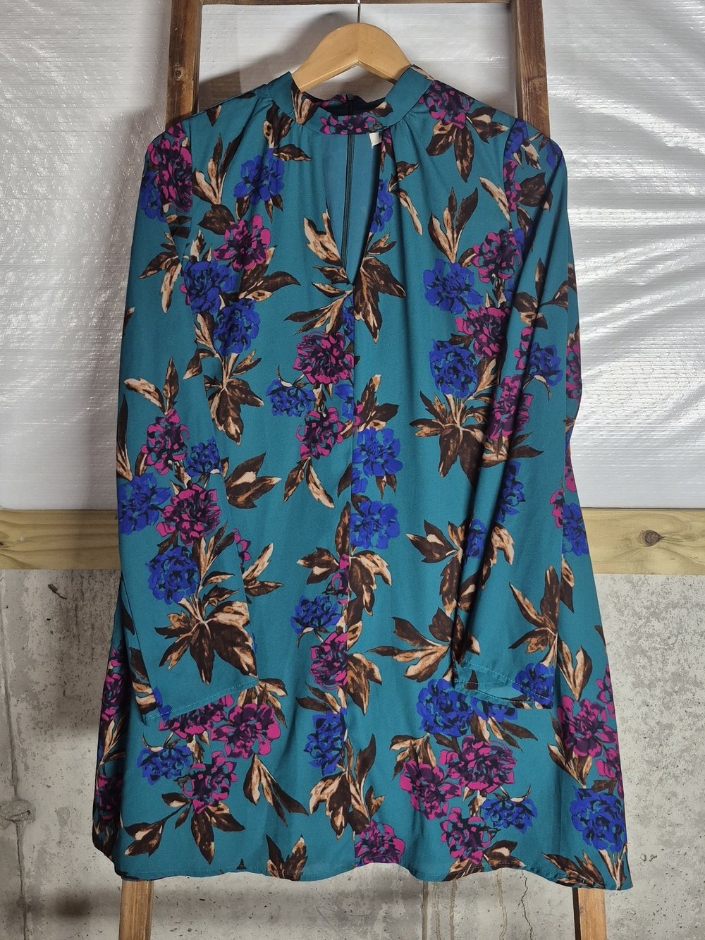 Everly Teal Floral Long Sleeve Dress with Blue and Pink Blooms